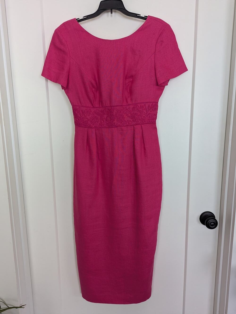 Donna Morgan Magenta Pink Sz6 100% Linen Short Sleeve Sheath Pencil Dress